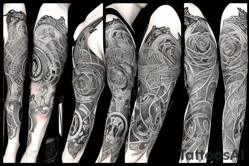A gothic style sleeve that incorporates spiritual themes of the journey of life and death tattoo idea