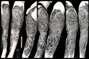 A gothic style sleeve that incorporates spiritual themes of the journey of life and death tattoo idea