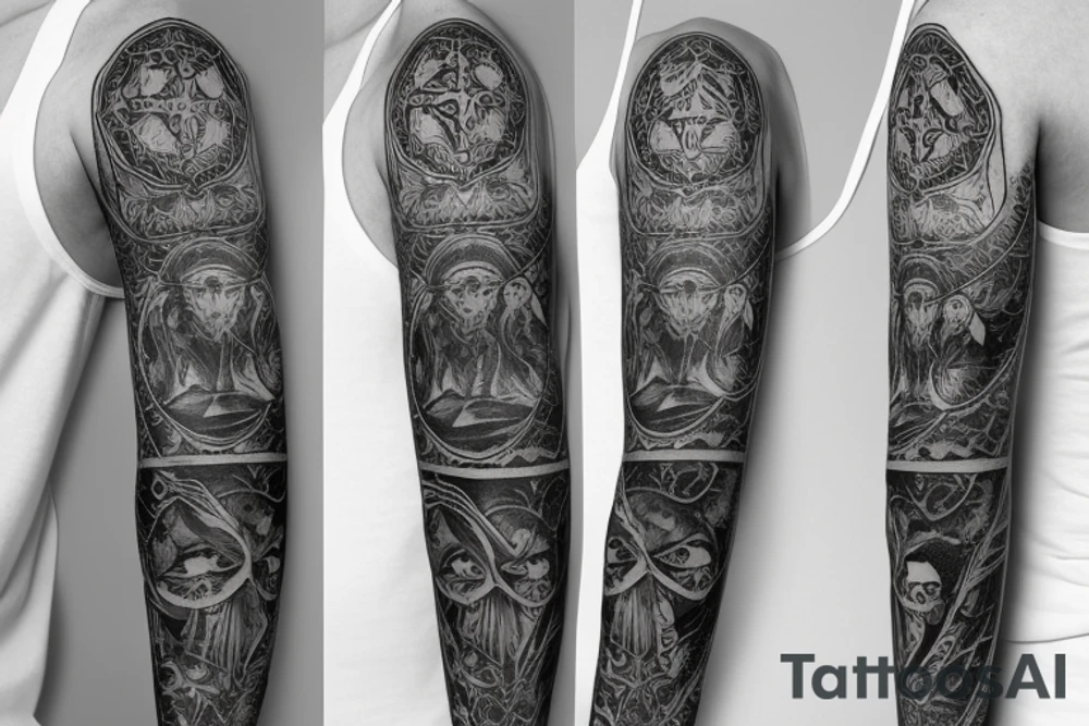 A gothic style sleeve that incorporates spiritual themes of the journey of life and death tattoo idea