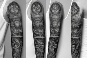 A gothic style sleeve that incorporates spiritual themes of the journey of life and death tattoo idea