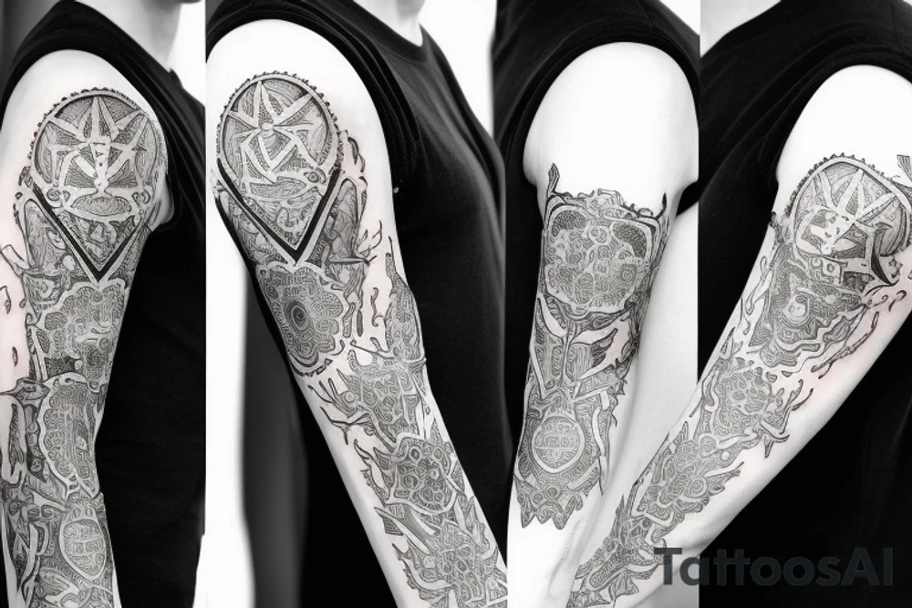 A gothic style sleeve that incorporates spiritual themes of the journey of life and death tattoo idea