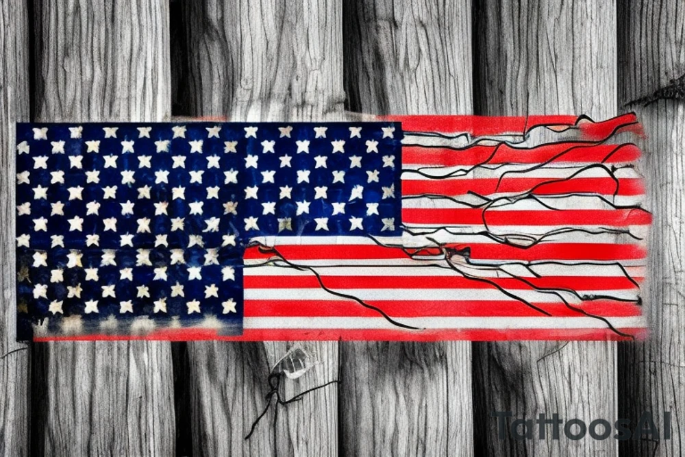 A barbed wire wrapped around old fence posts with a torn American flag wrapped in it. The barbed wire should have three names in it: Erin, Hailey and Carter. tattoo idea
