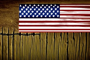 A barbed wire wrapped around old fence posts with a torn American flag wrapped in it. The barbed wire should have three names in it: Erin, Hailey and Carter. tattoo idea