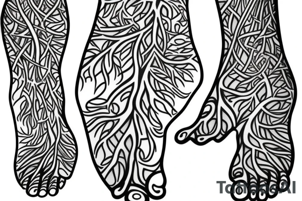 Tree of life wrapping around leg with roots at the foot tattoo idea