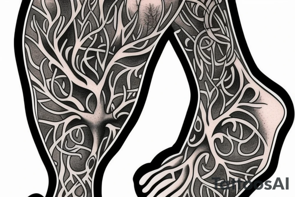 Tree of life wrapping around leg with roots at the foot tattoo idea