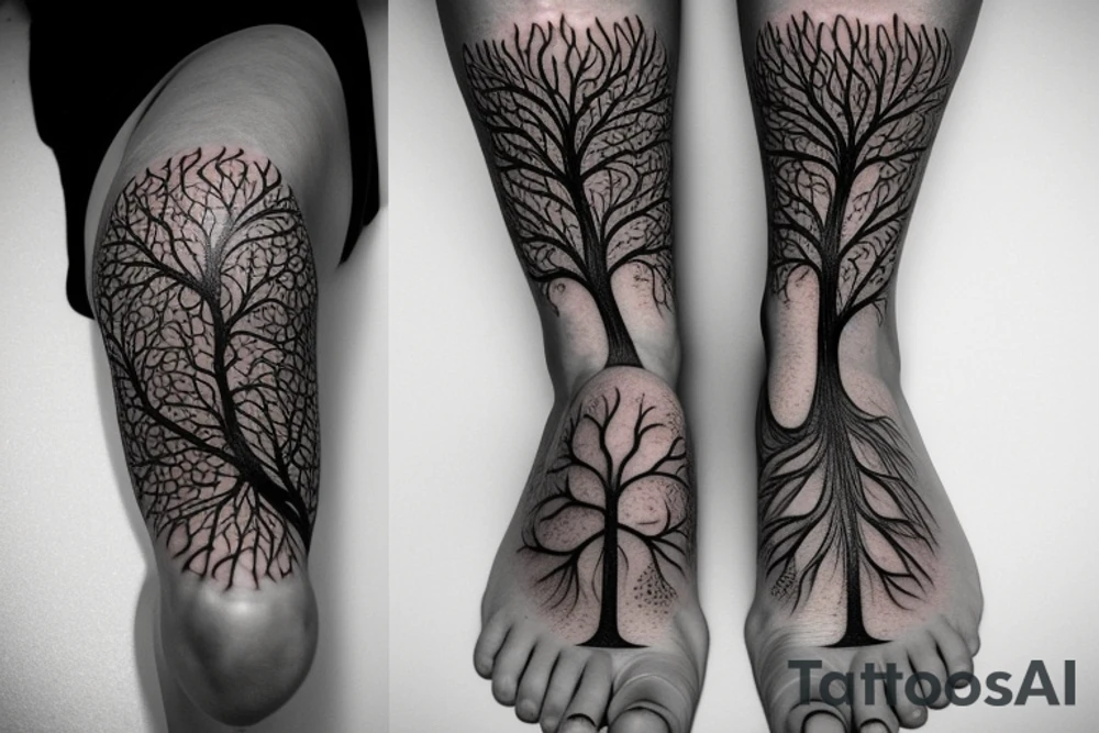 Tree of life wrapping around leg with roots at the foot tattoo idea