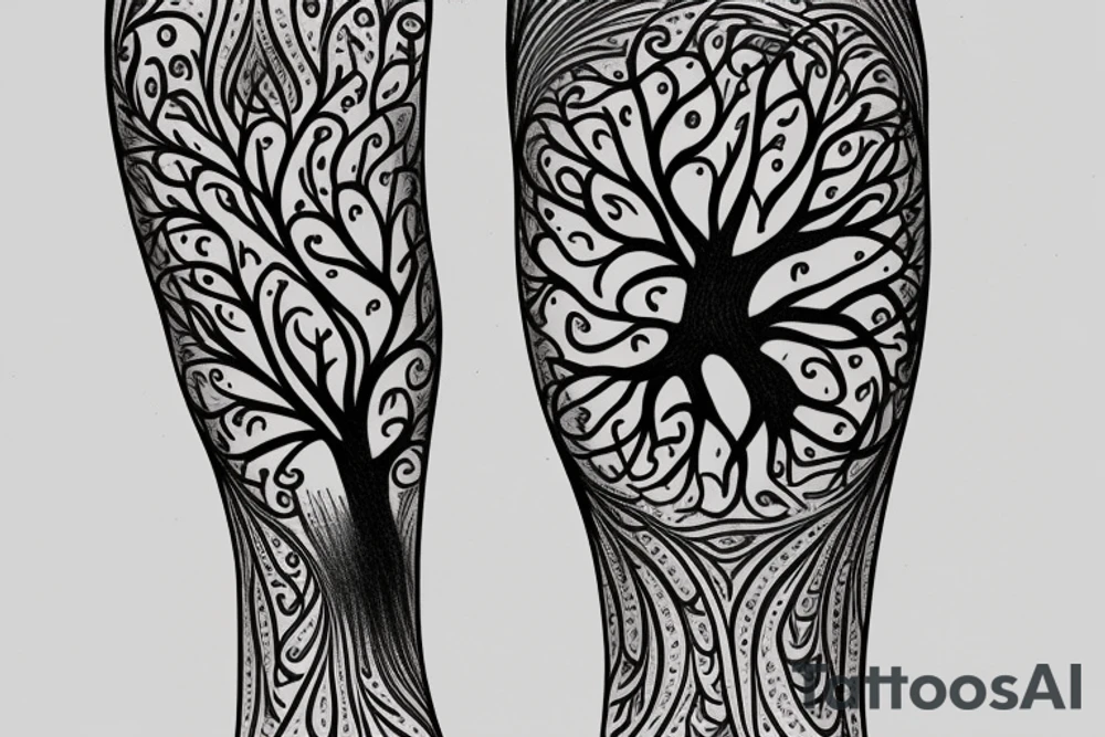 Tree of life wrapping around leg with roots at the foot tattoo idea