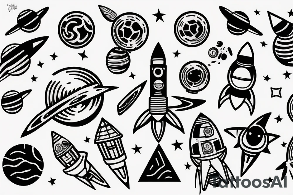 Rocket orbiting planets tattoo idea