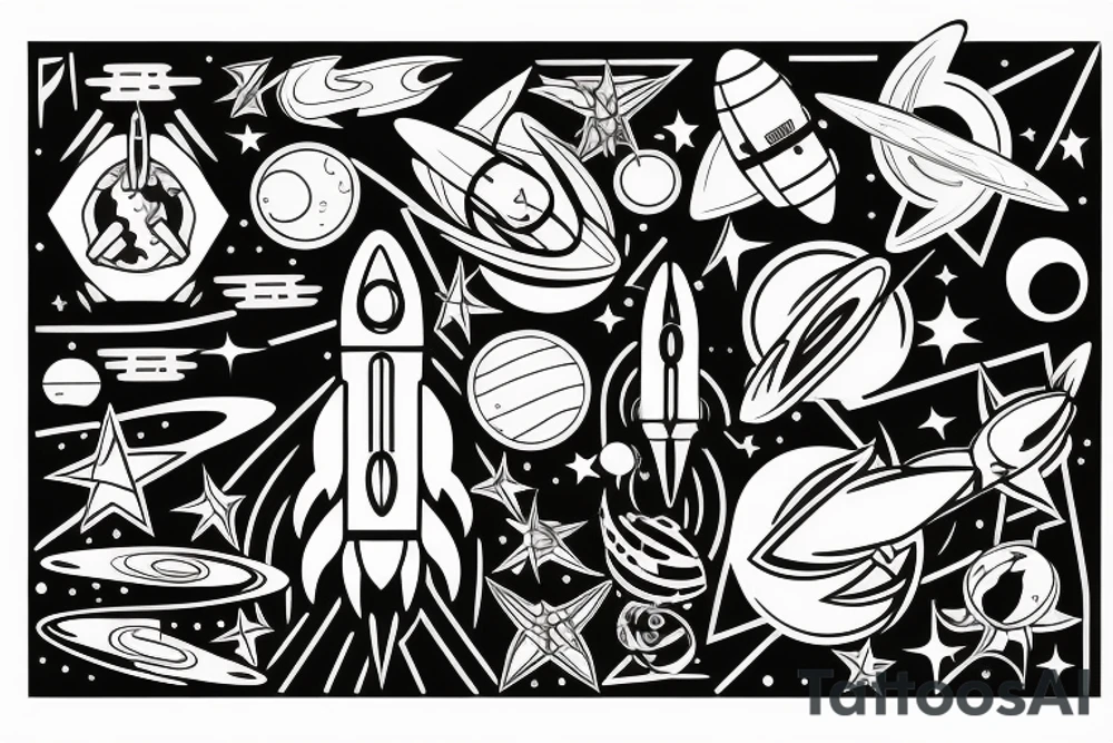 Rocket orbiting planets tattoo idea