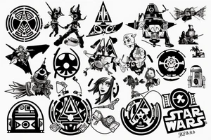 combination of zelda, star wars, banjo kazooie, anaesthesia, punk rock music tattoo idea