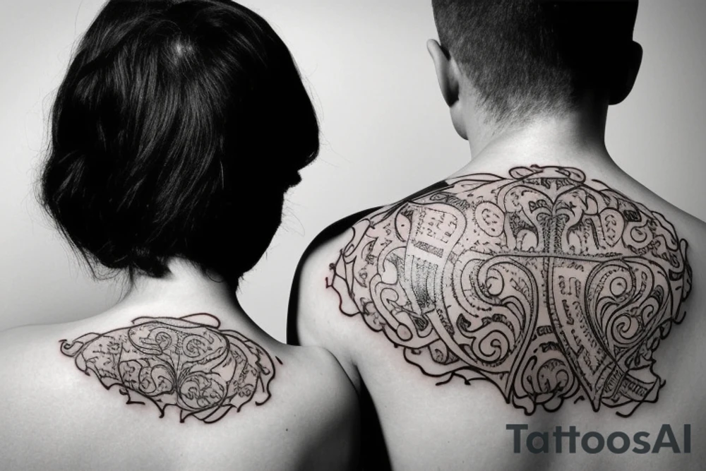 Back shoulder blade tattoo highlighted a blended family tree tattoo idea