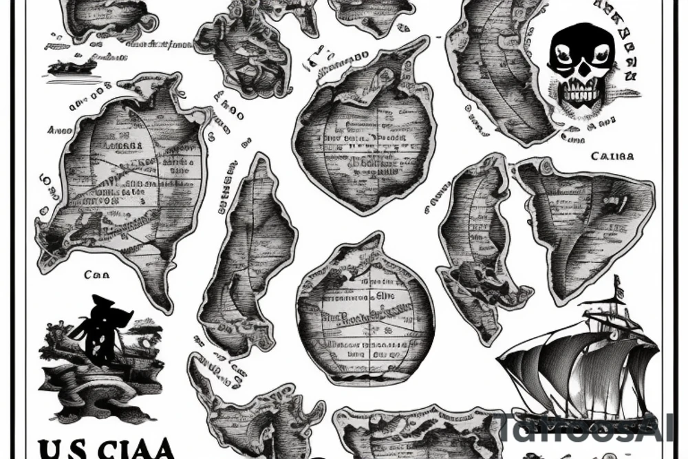 Old pirate map of the Caribbean islands of Puerto Rico and US Virgin Islands tattoo idea