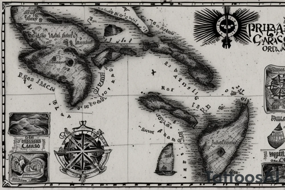 Old pirate map of the Caribbean islands of Puerto Rico and US Virgin Islands tattoo idea
