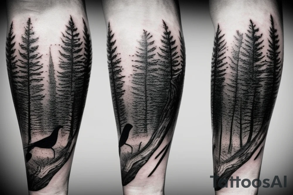 detailed realistic dark forest nordic forearm tattoo with crow flying above.
include a semicolon somewhere in the tattoo tattoo idea