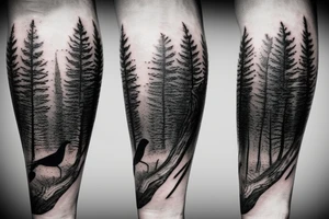 detailed realistic dark forest nordic forearm tattoo with crow flying above.
include a semicolon somewhere in the tattoo tattoo idea
