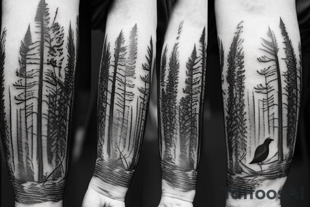 detailed realistic dark forest nordic forearm tattoo with crow flying above.
include a semicolon somewhere in the tattoo tattoo idea