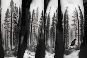detailed realistic dark forest nordic forearm tattoo with crow flying above.
include a semicolon somewhere in the tattoo tattoo idea
