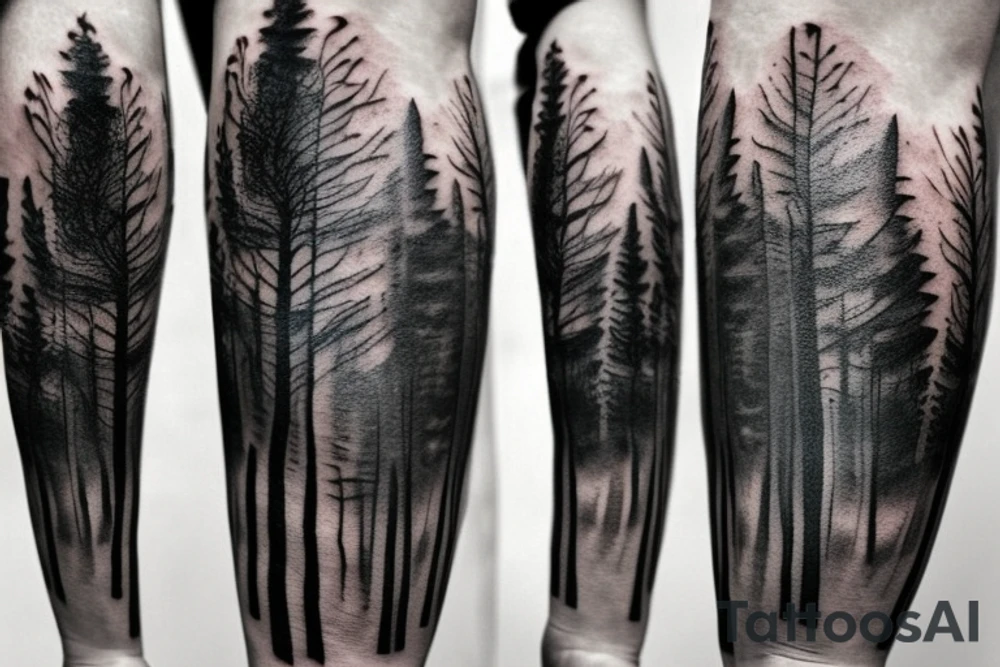 detailed realistic dark forest nordic forearm tattoo with crow flying above.
include a semicolon somewhere in the tattoo tattoo idea