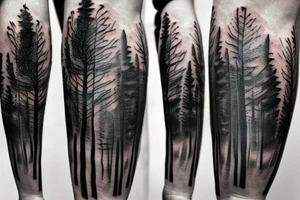 detailed realistic dark forest nordic forearm tattoo with crow flying above.
include a semicolon somewhere in the tattoo tattoo idea
