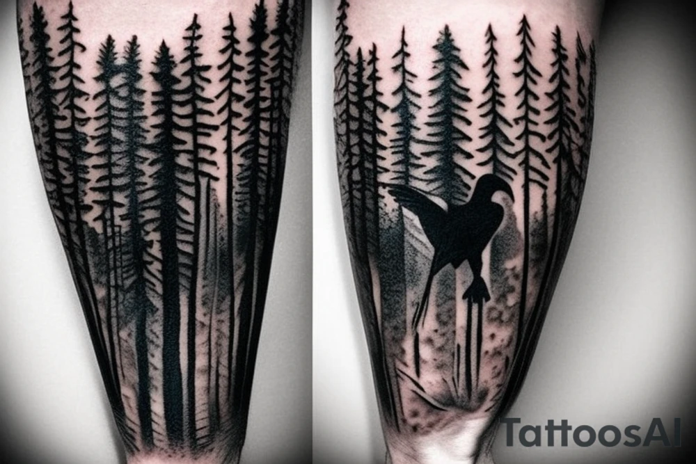 realistic dark forest forearm tattoo with crow flying above.
include a semicolon somewhere in the tattoo tattoo idea
