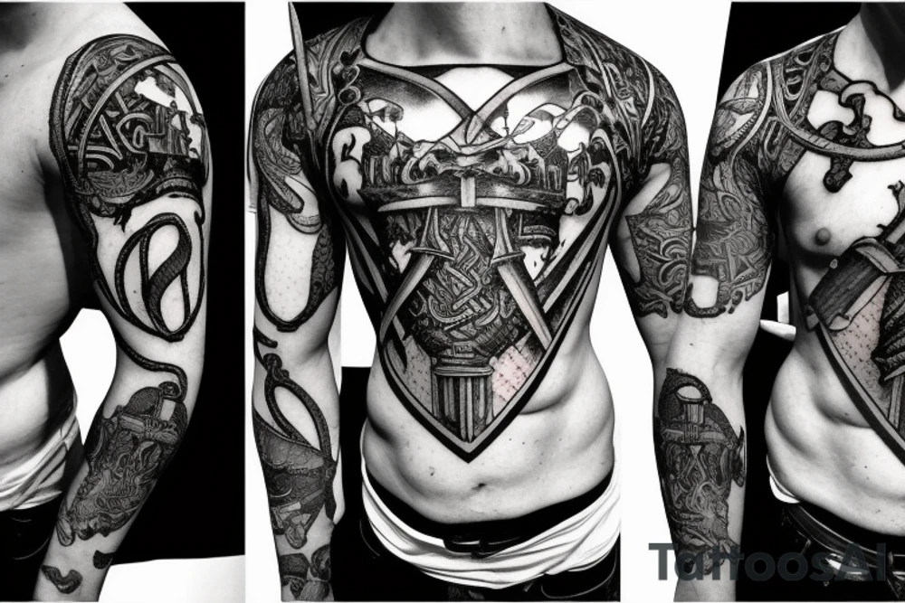 Celtic warrior with sword shouting at a dragon with castle ruin ablaze in background tattoo idea