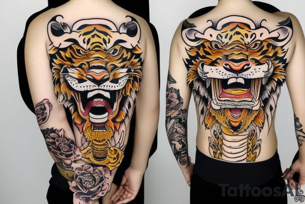 Barong face with tiger body tattoo idea