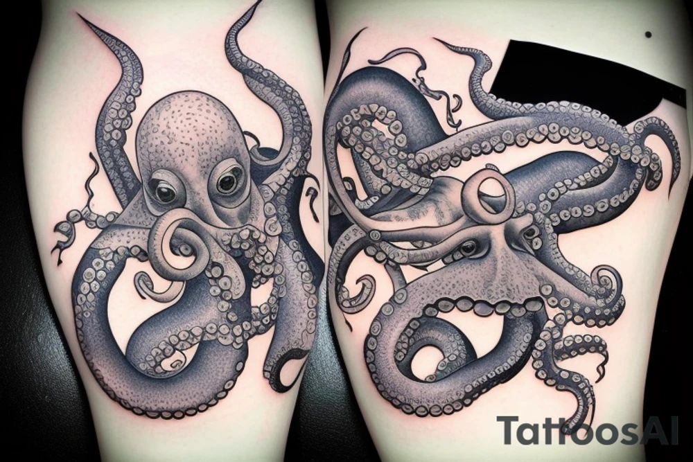 Realistic siren with octopus into the sea tattoo idea