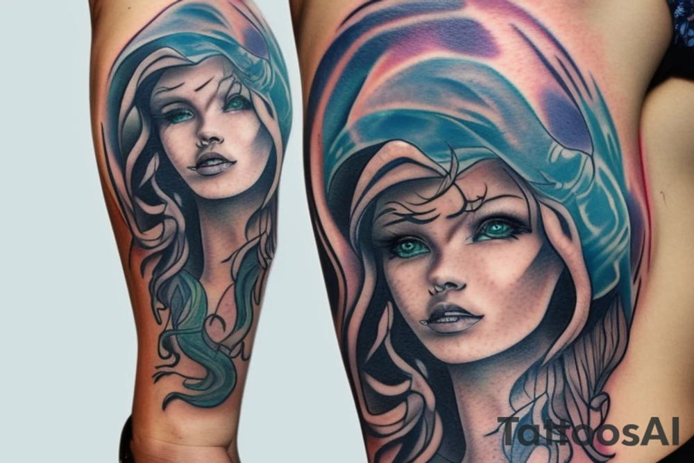 Realistic siren into the sea tattoo idea