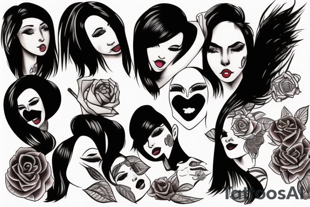 Black haired female biting her lip seductively tattoo idea
