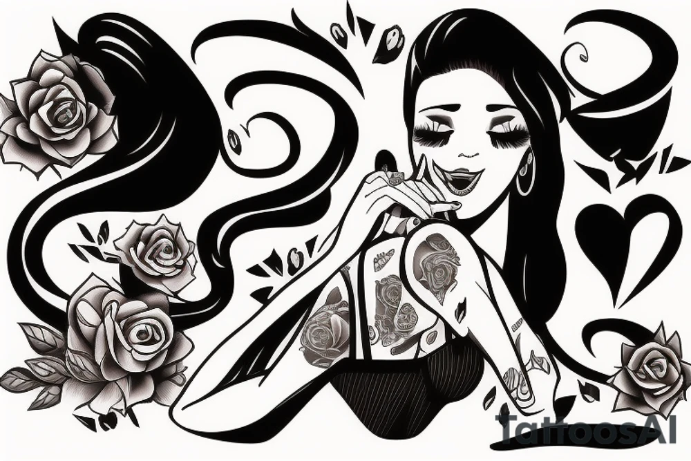 Black haired female biting her lip seductively tattoo idea