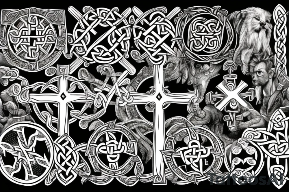 Full Celtic cross with mythical bible creatures tattoo idea