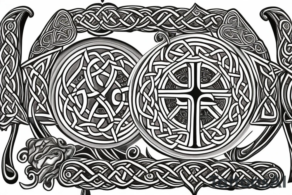 Full Celtic cross with mythical bible creatures tattoo idea