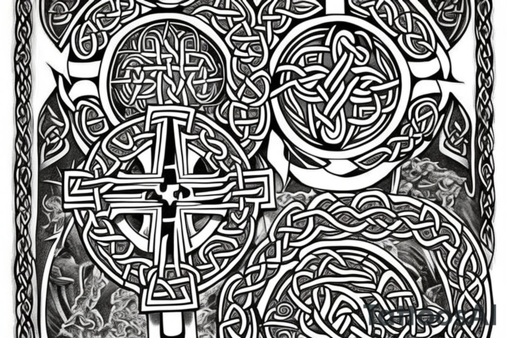 Full Celtic cross with mythical bible creatures tattoo idea
