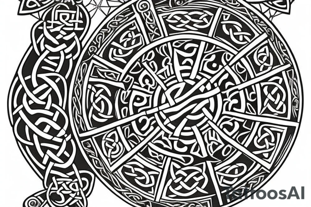 Full Celtic cross with mythical bible creatures tattoo idea