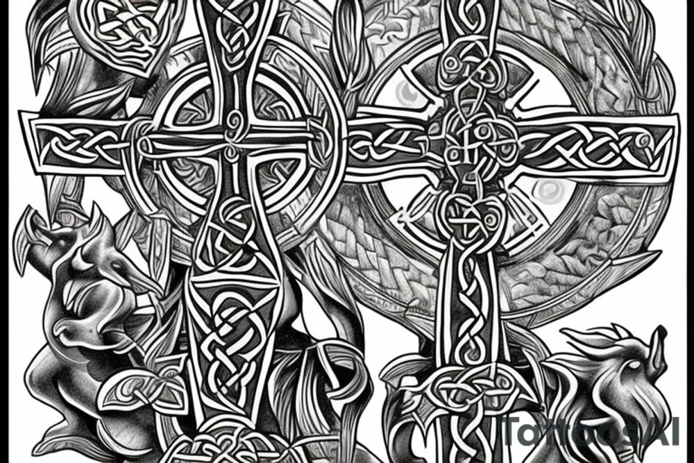 Celtic cross with mythical bible animals over tattoo idea