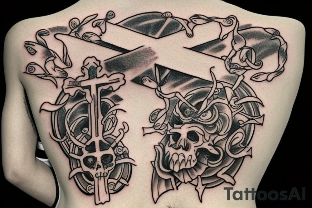 Cross on back with bible creatures tattoo idea