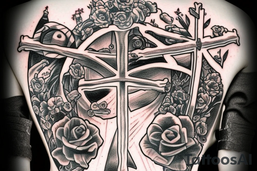 Cross on back with bible creatures tattoo idea
