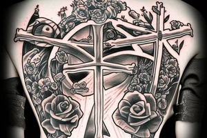 Cross on back with bible creatures tattoo idea