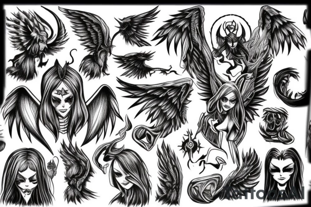 An evil angel with a demon, colored tattoo idea