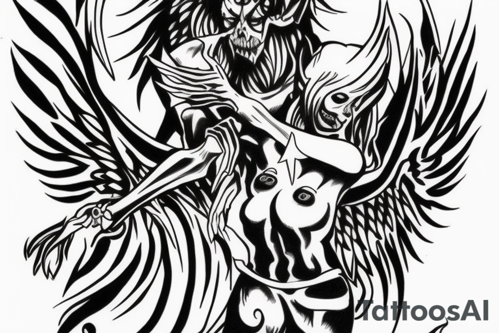 An evil angel with a demon, colored tattoo idea