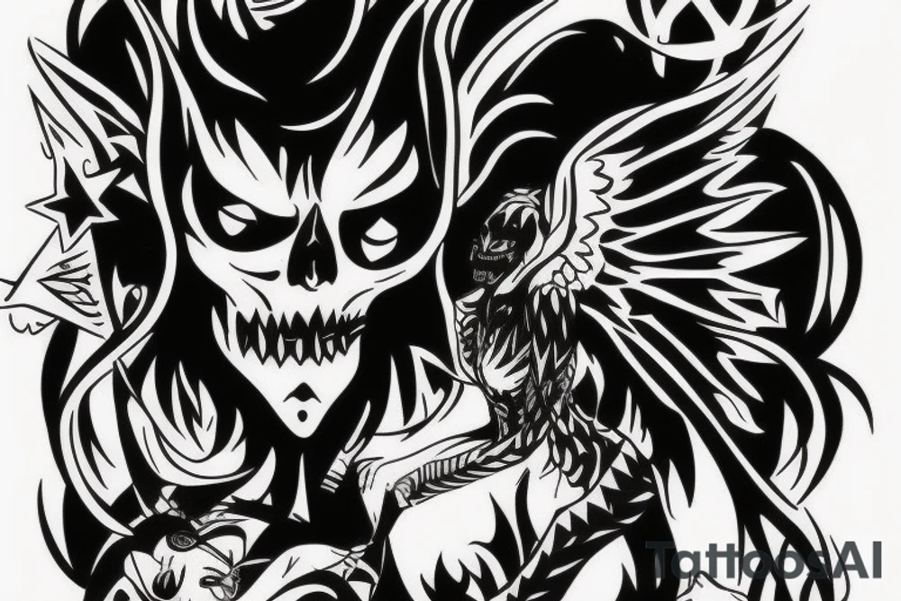 An evil angel with a demon, colored tattoo idea