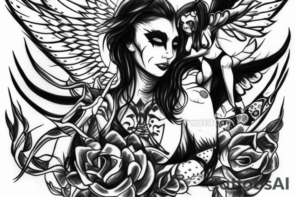 An evil angel with a demon, colored tattoo idea