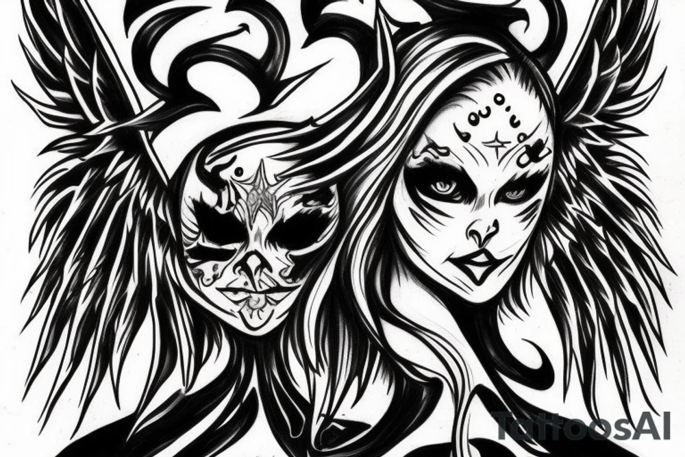 An evil angel with a demon, colored tattoo idea