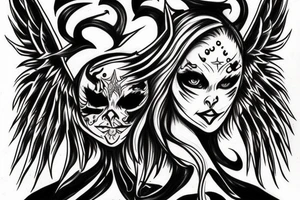 An evil angel with a demon, colored tattoo idea