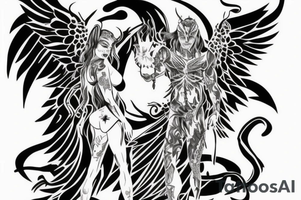 An evil angel with a demon, colored tattoo idea