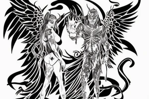 An evil angel with a demon, colored tattoo idea