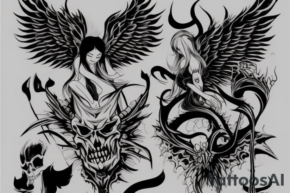 An evil angel with a demon, colored tattoo idea