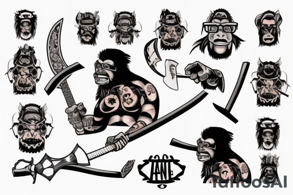 Samurai gorilla with glasses and axe tattoo idea