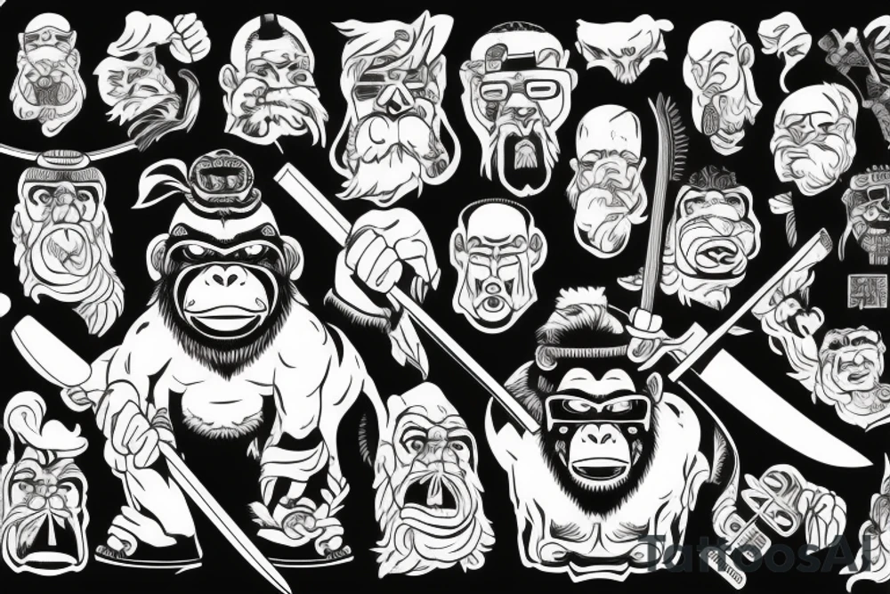 Samurai gorilla with glasses and axe on a hill tattoo idea