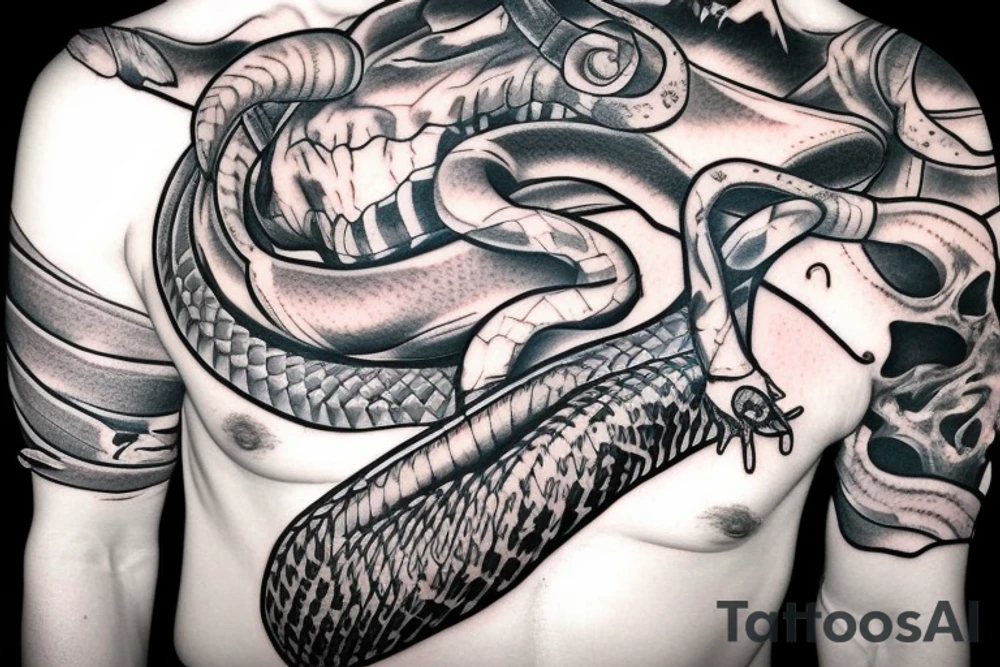 Snake coming out of a bull skull chest and arm sleeve tattoo idea